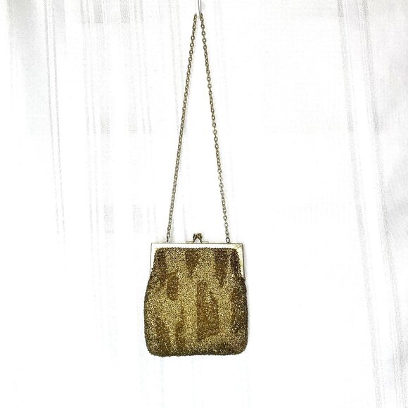 Vintage Walborg Hand Beaded Gold Evening Bag Hong Kong Chain Strap - Picture 1 of 8